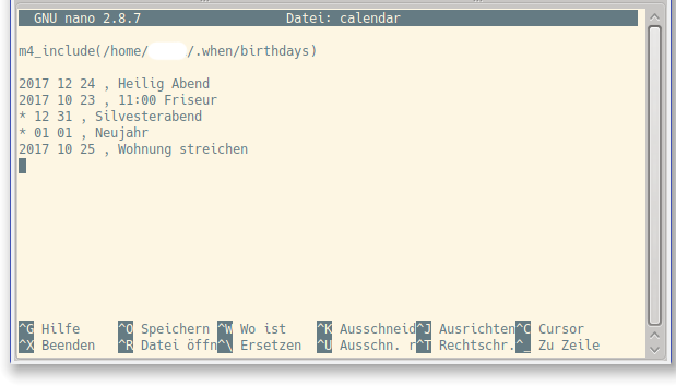 nano editor mit calendar.txt